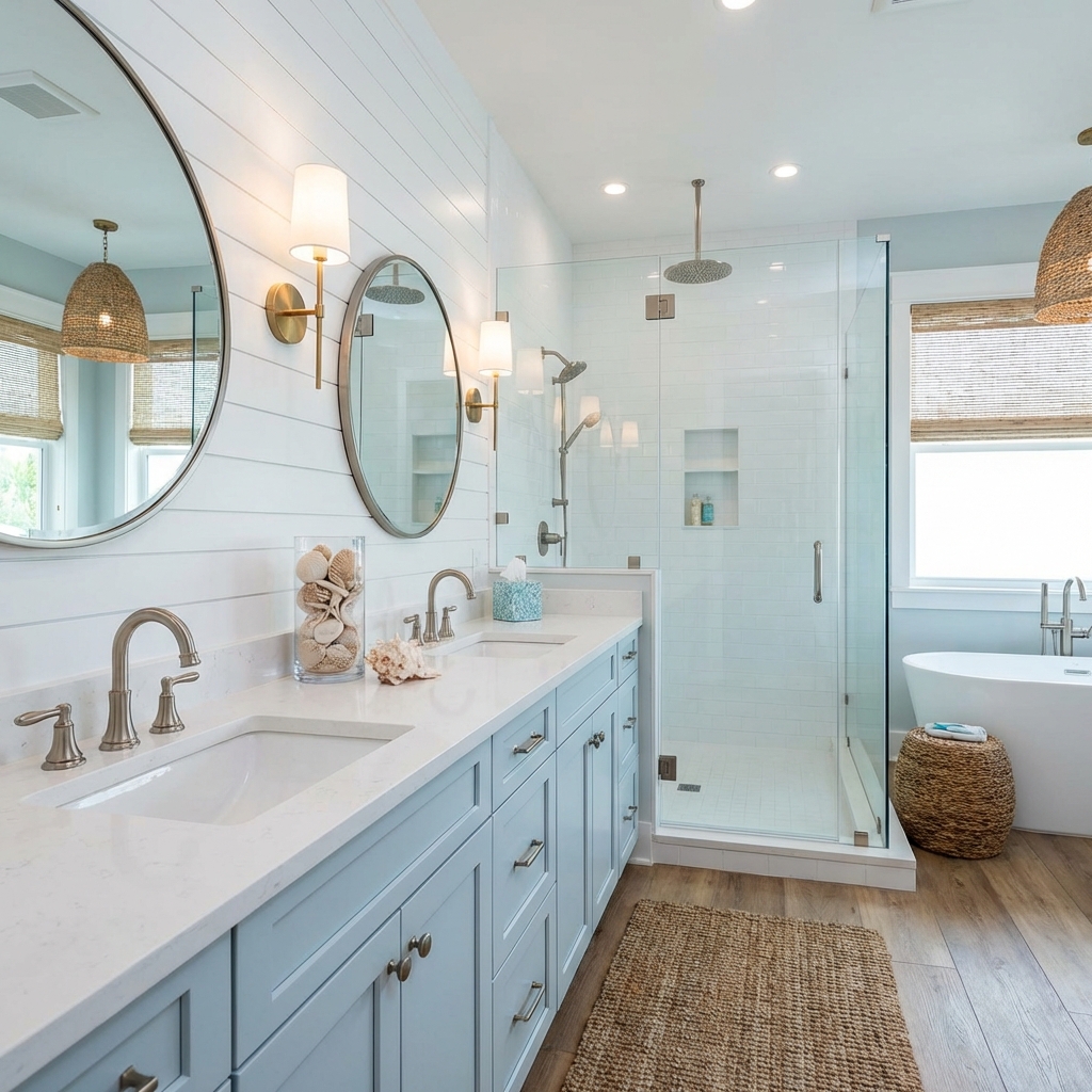 Modern coastal bathroom double vanity design