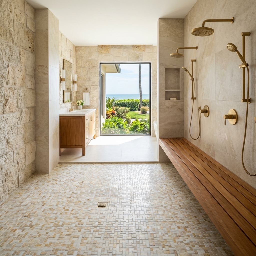 High-end wet room with dual shower heads and mosaic tile