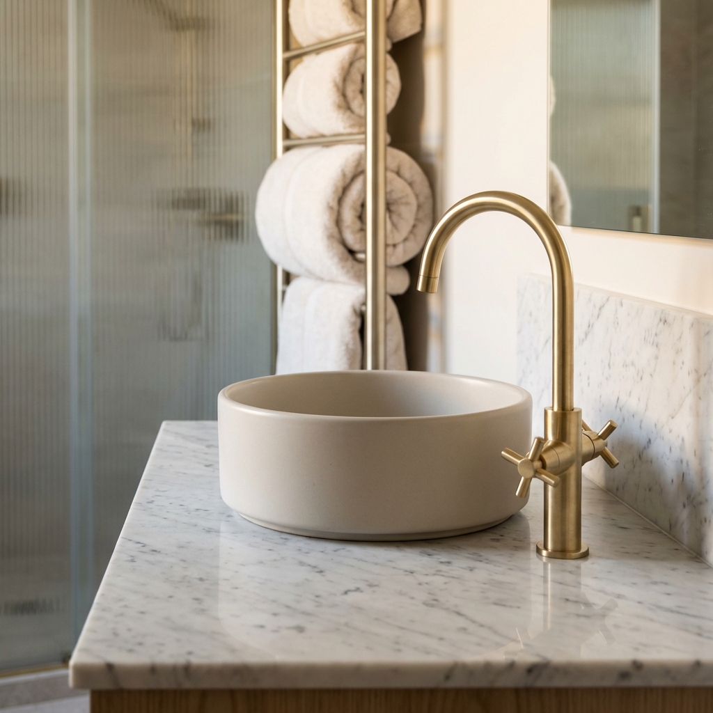 Detail of marble countertop and gold vessel sink