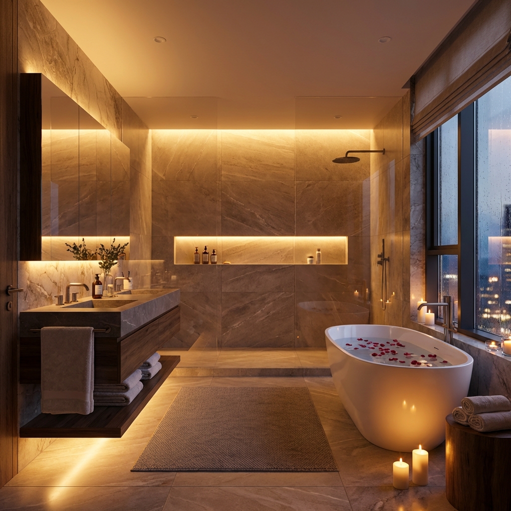 Ambient evening lighting in luxury bathroom