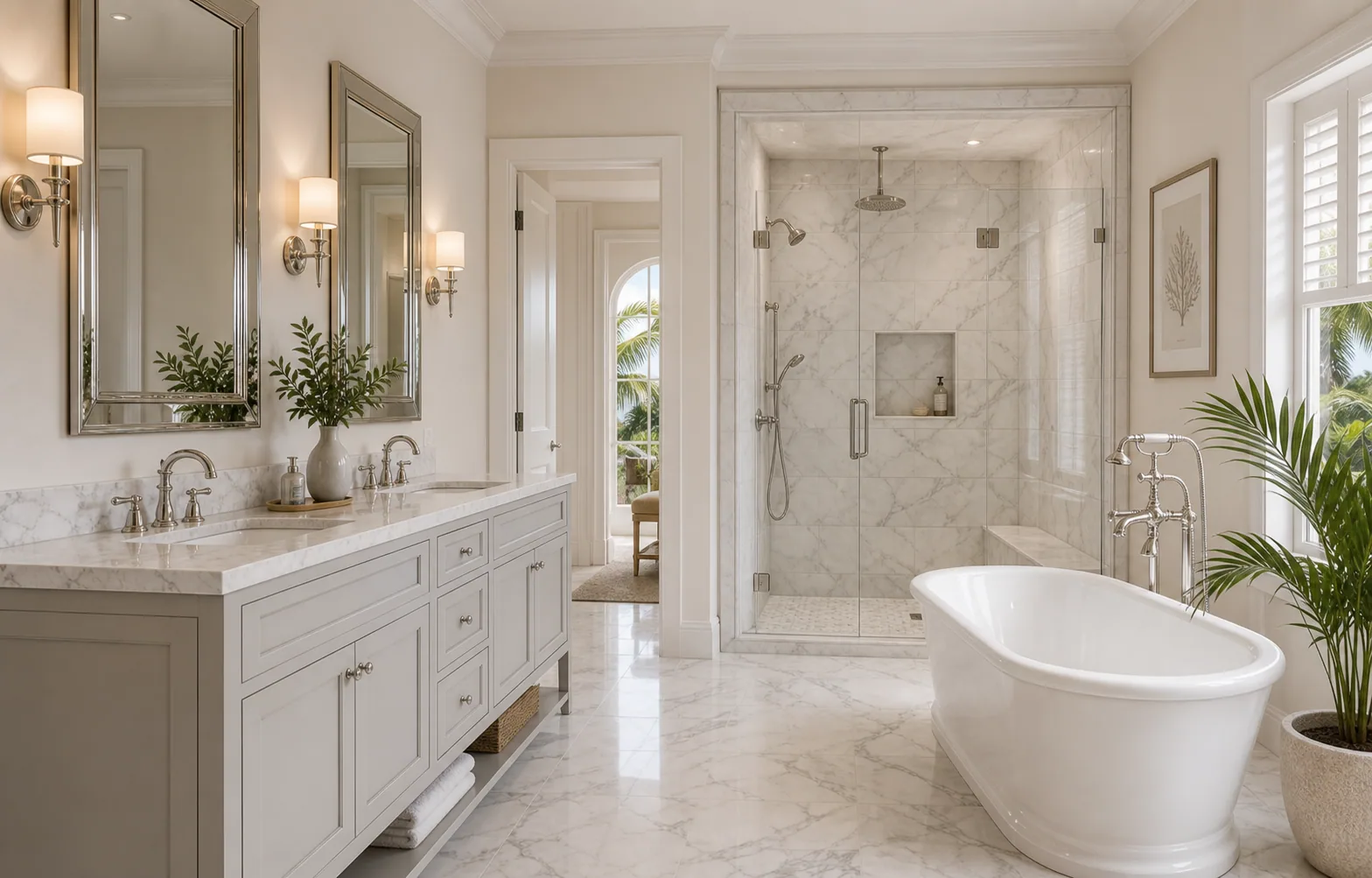 Classic bathroom remodel in Naples with marble-look tile, elegant vanity, polished fixtures, and framed mirrors.