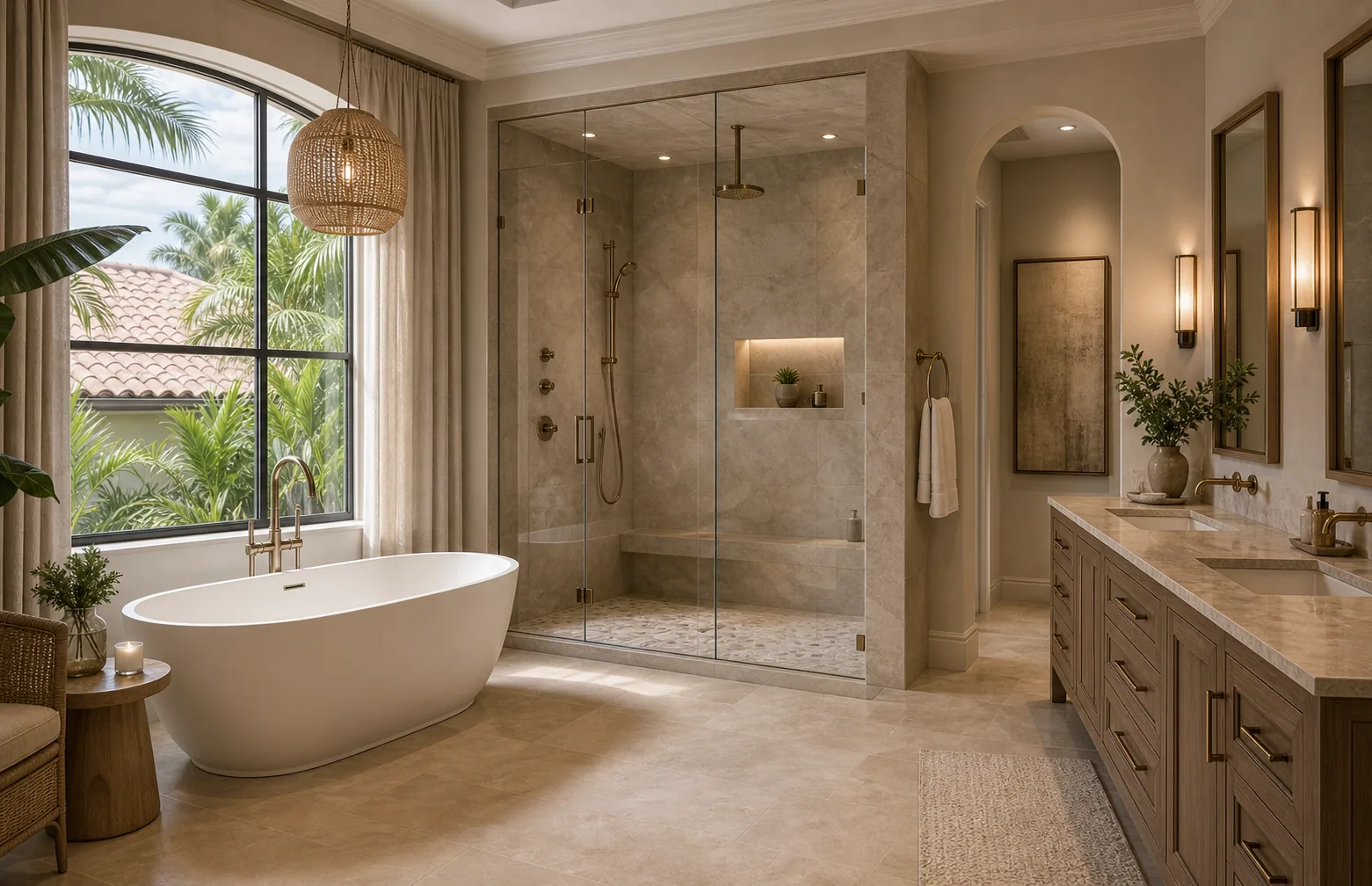 Luxury bathroom remodel in Naples with soaking tub, stone tile, custom shower, double vanity, and spa lighting.