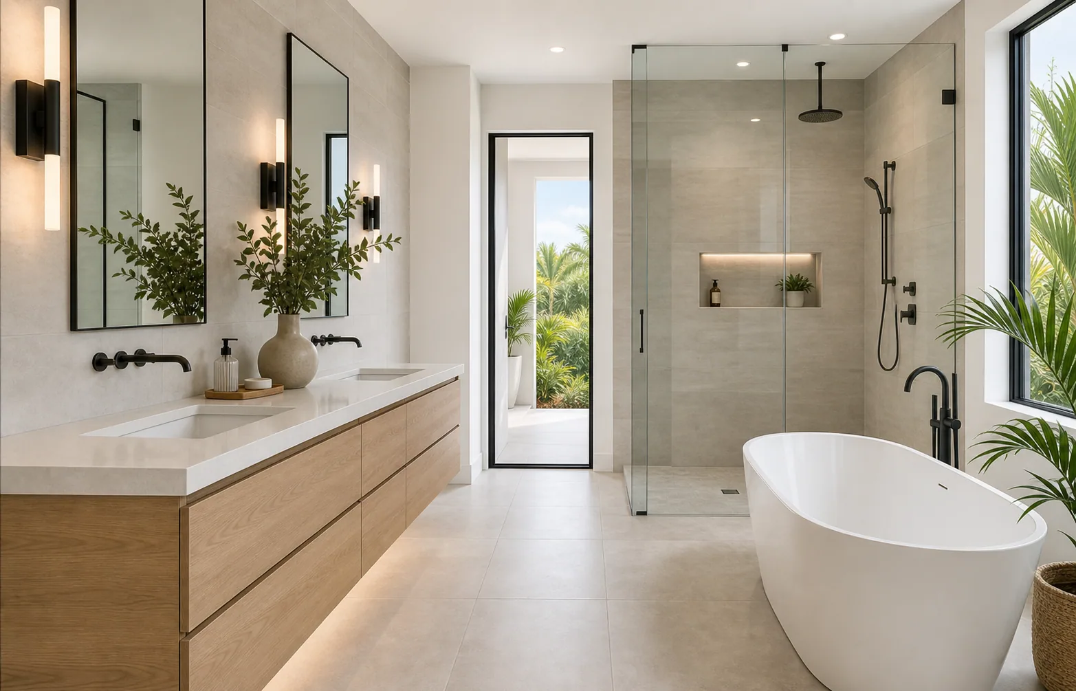 Modern bathroom remodel in Naples with floating vanity, large-format tile, frameless glass shower, and bright lighting.
