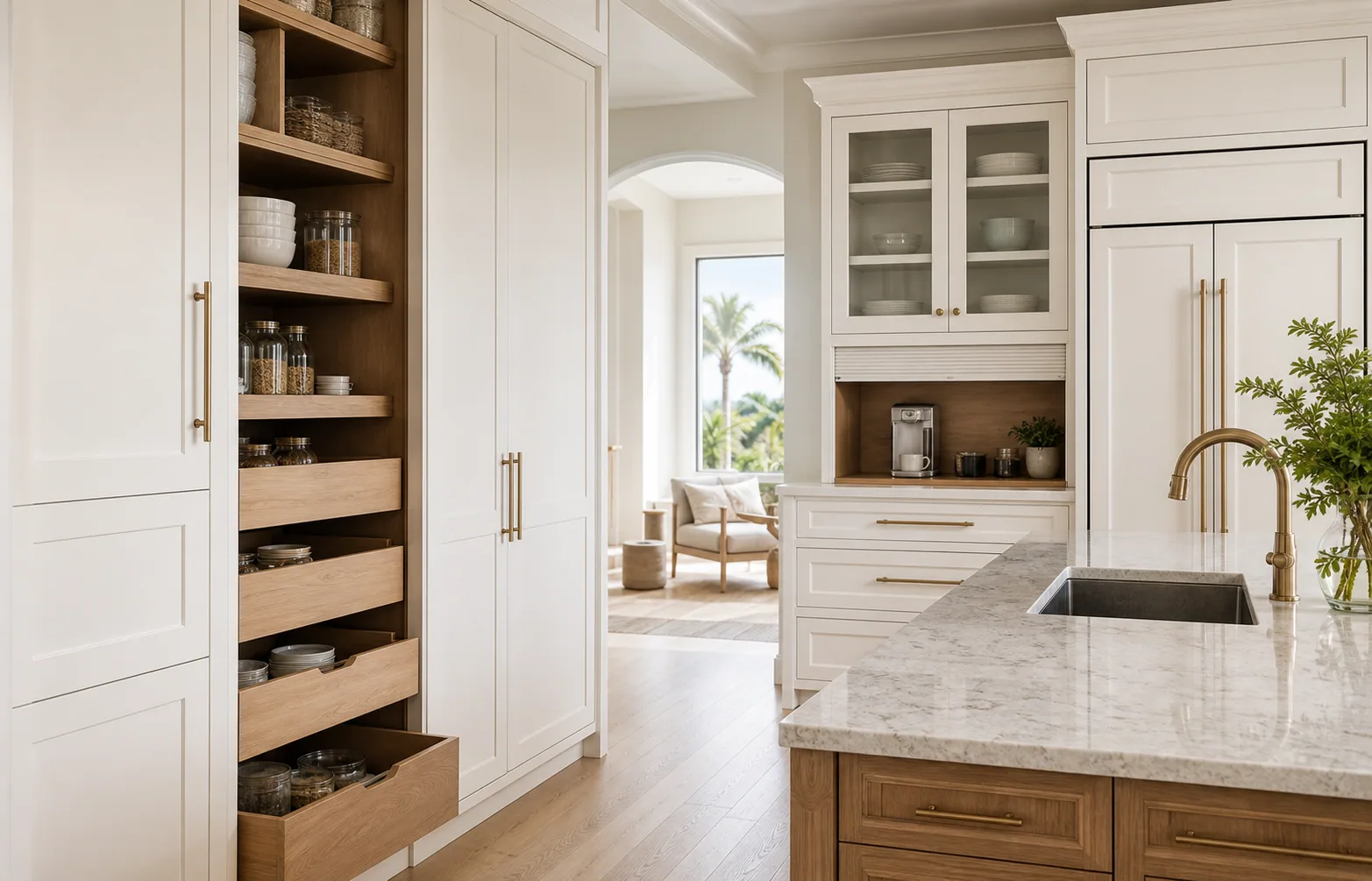 Custom cabinets in Naples home with built-in storage, paneled appliances, drawers, and warm wood details.