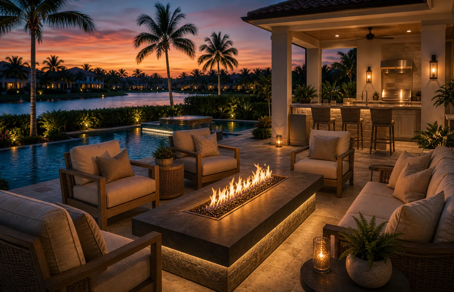 Outdoor fire feature in Naples with linear flame table, poolside seating, patio lighting, and coastal landscaping.