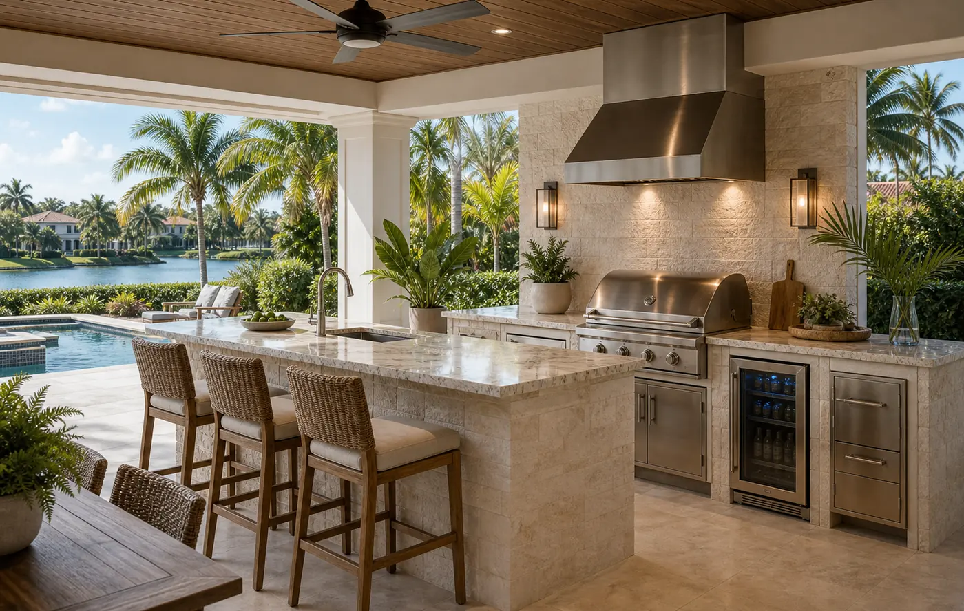 Outdoor kitchen in Naples with built-in grill, stone countertops, stainless cabinets, covered lanai, and entertaining space.