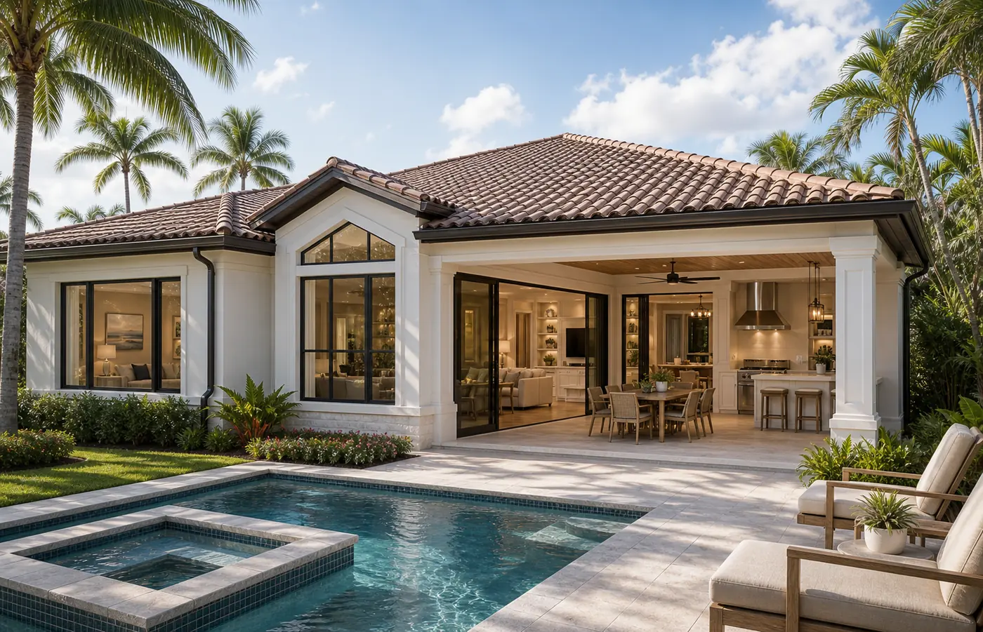 Home addition in Naples with expanded living space, matched roofline, large windows, and connected outdoor area.